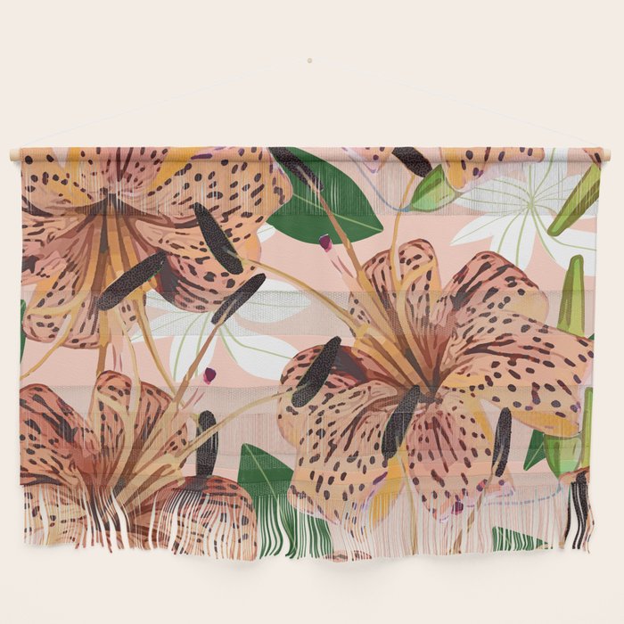 Tiger Lillies, Tropical Blush Botanical Illustration, Polka Dots Nature Vibrant Floral Jungle Wall Hanging
