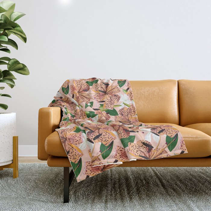 Tiger Lillies, Tropical Blush Botanical Illustration, Polka Dots Nature Vibrant Floral Jungle Throw Blanket