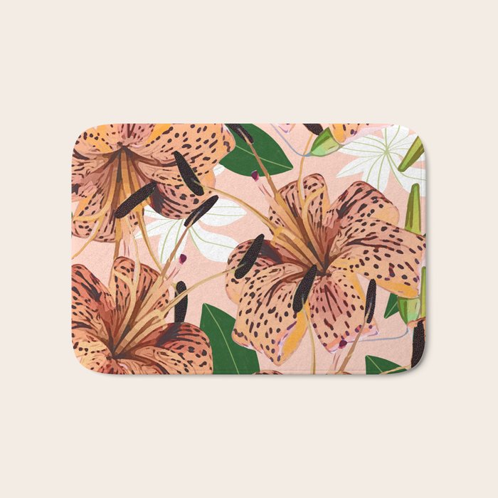 Tiger Lillies, Tropical Blush Botanical Illustration, Polka Dots Nature Vibrant Floral Jungle Bath Mat