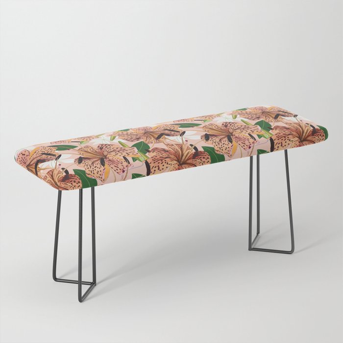 Tiger Lillies, Tropical Blush Botanical Illustration, Polka Dots Nature Vibrant Floral Jungle Bench