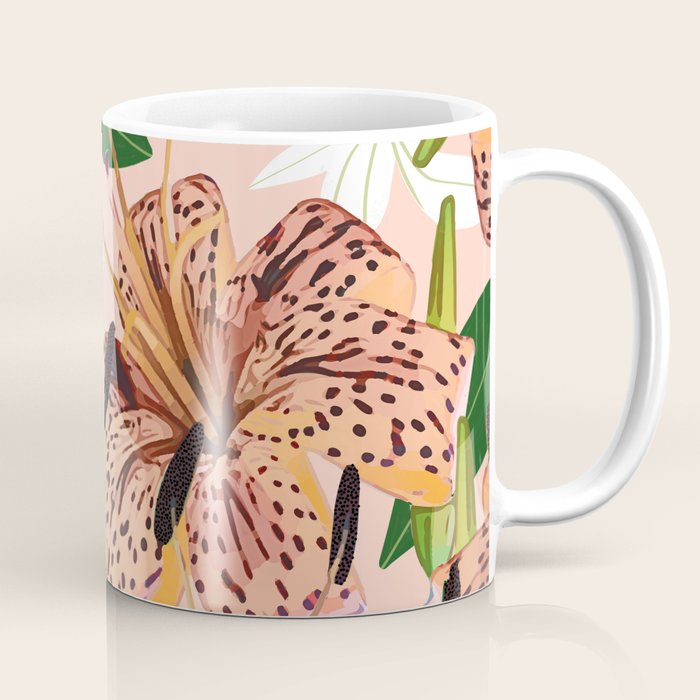 Tiger Lillies, Tropical Blush Botanical Illustration, Polka Dots Nature Vibrant Floral Jungle Coffee Mug