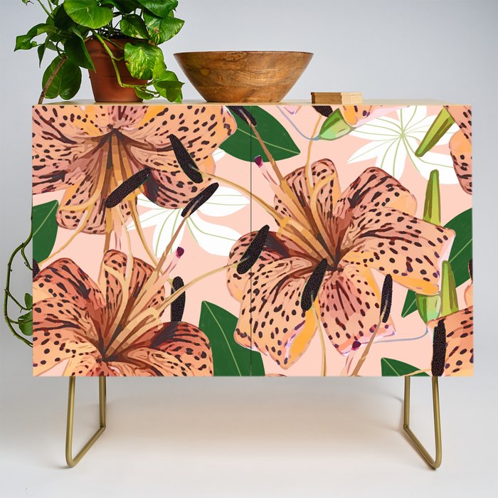 Tiger Lillies, Tropical Blush Botanical Illustration, Polka Dots Nature Vibrant Floral Jungle Credenza
