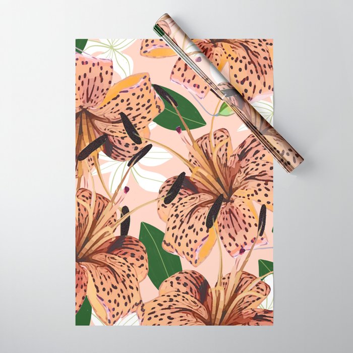 Tiger Lillies, Tropical Blush Botanical Illustration, Polka Dots Nature Vibrant Floral Jungle Wrapping Paper