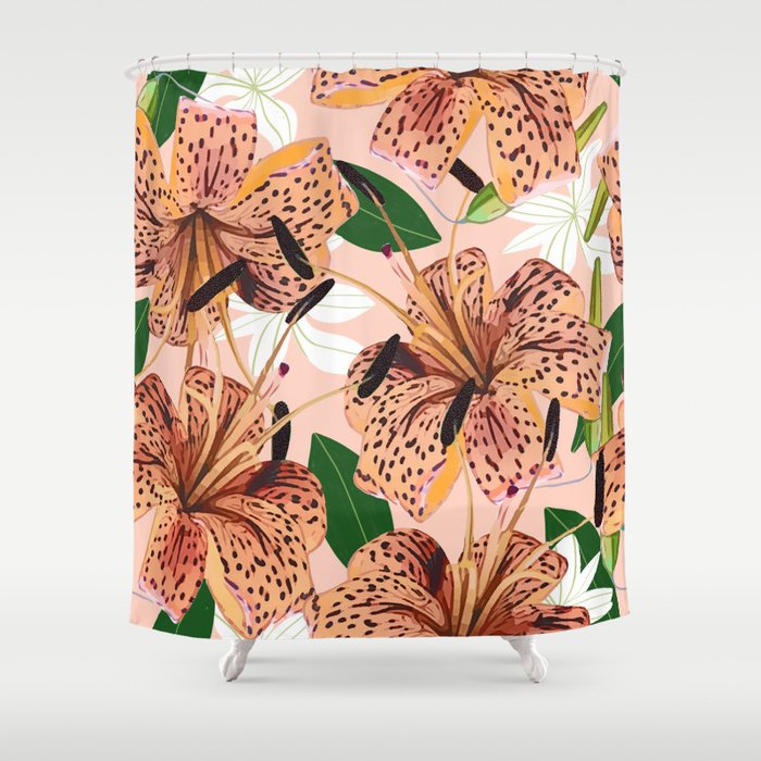 Tiger Lillies, Tropical Blush Botanical Illustration, Polka Dots Nature Vibrant Floral Jungle Shower Curtain