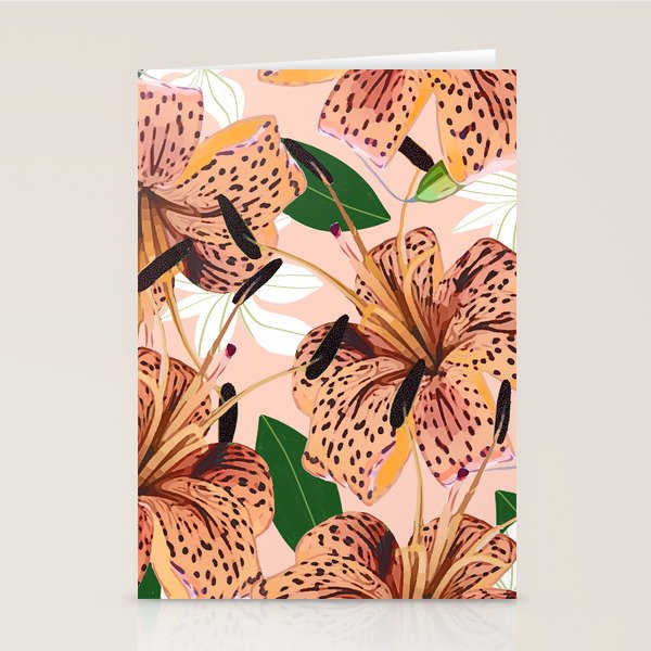 Tiger Lillies, Tropical Blush Botanical Illustration, Polka Dots Nature Vibrant Floral Jungle Stationery Card