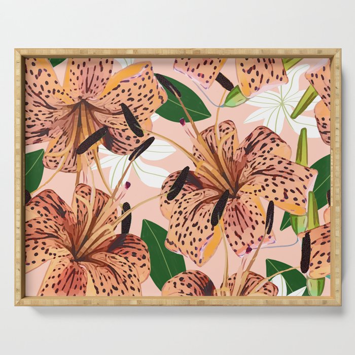 Tiger Lillies, Tropical Blush Botanical Illustration, Polka Dots Nature Vibrant Floral Jungle Serving Tray