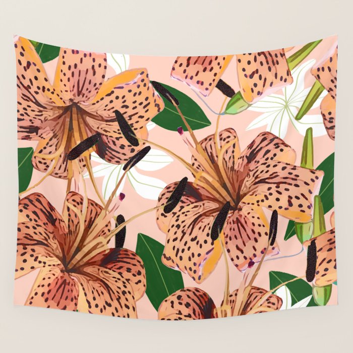 Tiger Lillies, Tropical Blush Botanical Illustration, Polka Dots Nature Vibrant Floral Jungle Wall Tapestry