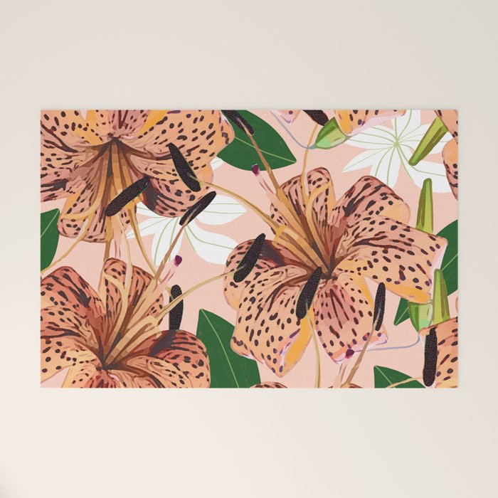 Tiger Lillies, Tropical Blush Botanical Illustration, Polka Dots Nature Vibrant Floral Jungle Welcome Mat