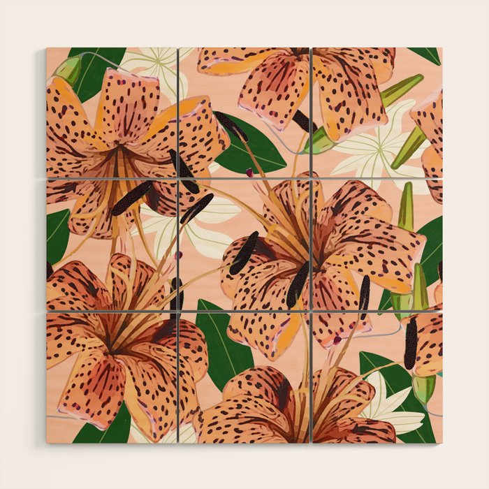 Tiger Lillies, Tropical Blush Botanical Illustration, Polka Dots Nature Vibrant Floral Jungle Wood Wall Art