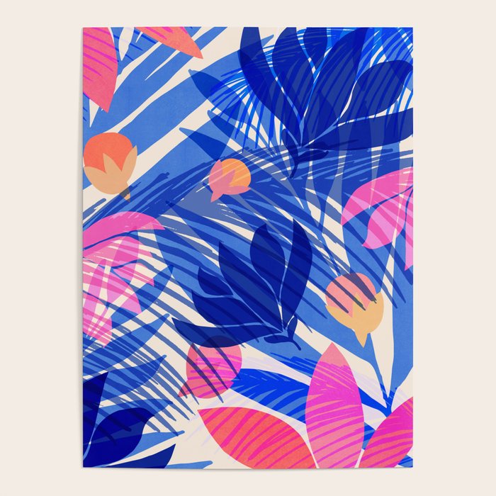 Breezy Tropics Blue Floral Design Poster