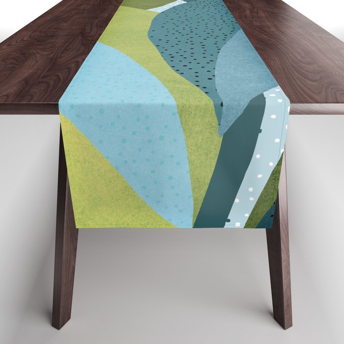 Abstract Maximal Flora In French Blue And Olive Table Runner
