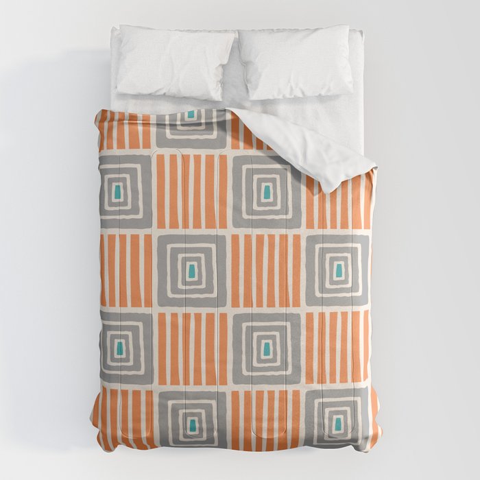 Retro Mid Century Modern Check Pattern 732 Turquoise Orange And Gray Comforter