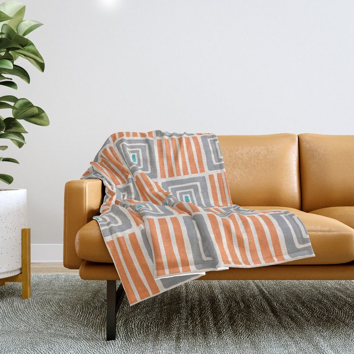 Retro Mid Century Modern Check Pattern 732 Turquoise Orange And Gray Throw Blanket