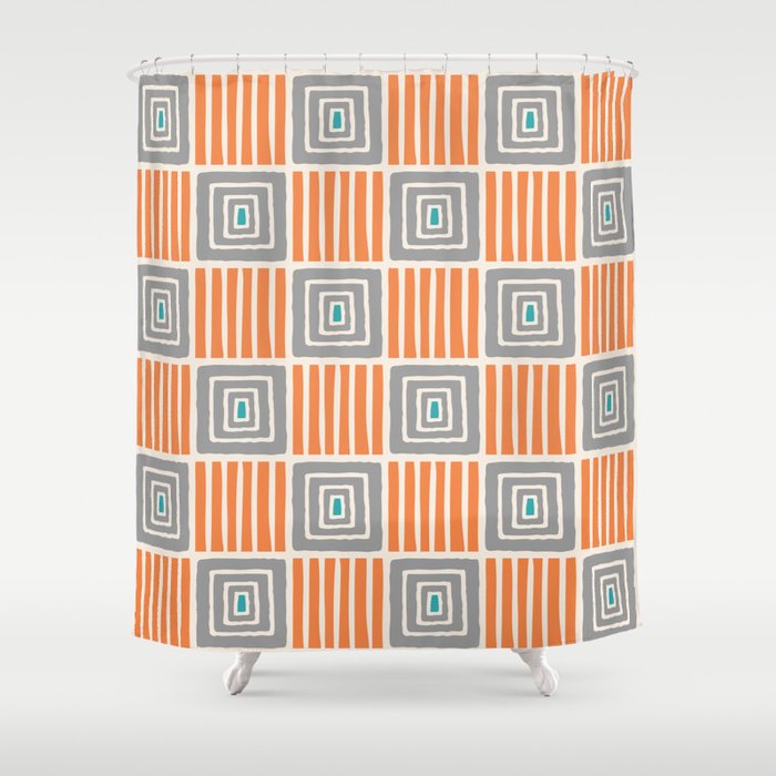 Retro Mid Century Modern Check Pattern 732 Turquoise Orange And Gray Shower Curtain
