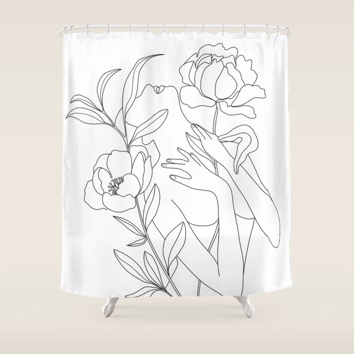 Minimal Line Art Woman With Peonies Shower Curtain