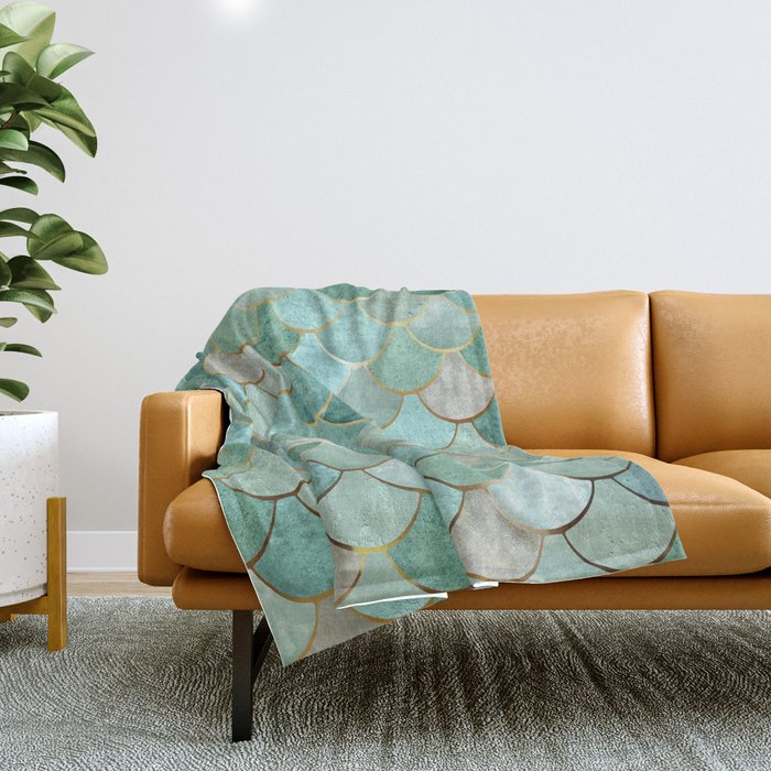 Moroccan Mermaid Fish Scale Pattern, Green And Gold Throw Blanket