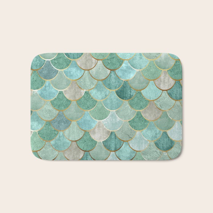 Moroccan Mermaid Fish Scale Pattern, Green And Gold Bath Mat