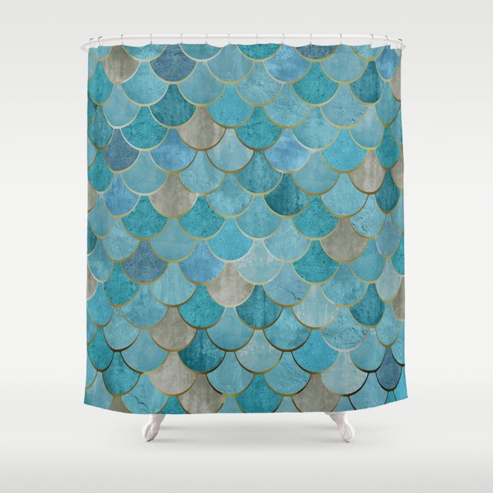 Moroccan Fish Scale Mermaid Pattern, Teal Blue And Gold Shower Curtain
