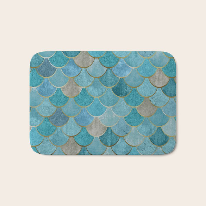 Moroccan Fish Scale Mermaid Pattern, Teal Blue And Gold Bath Mat