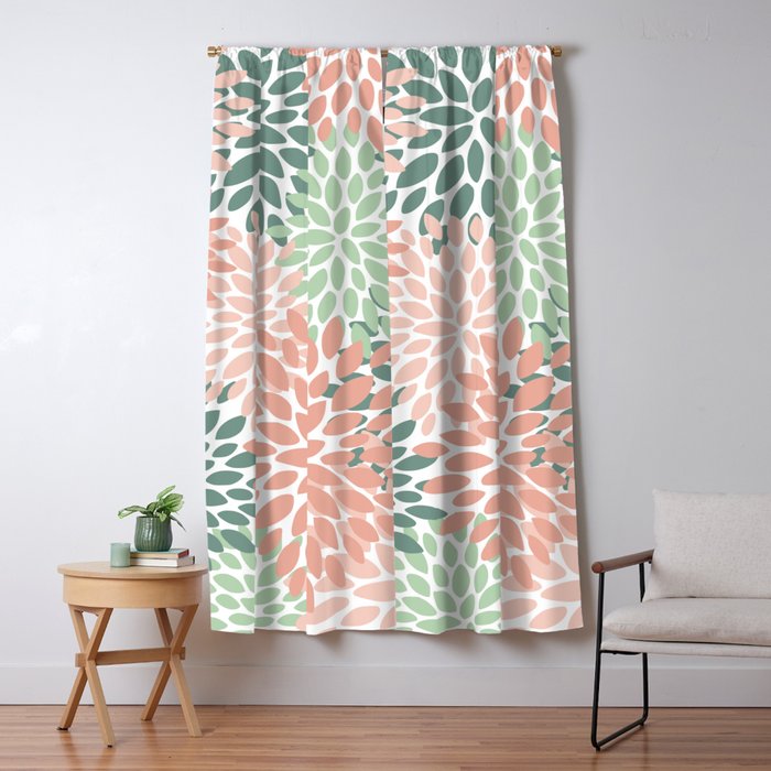 Festive, Abstract Floral Prints, Coral And Green Window Curtain