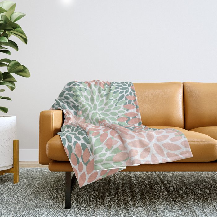 Festive, Abstract Floral Prints, Coral And Green Throw Blanket