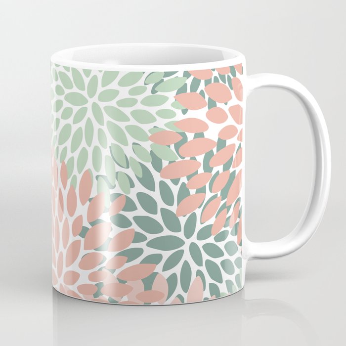 Festive, Abstract Floral Prints, Coral And Green Coffee Mug