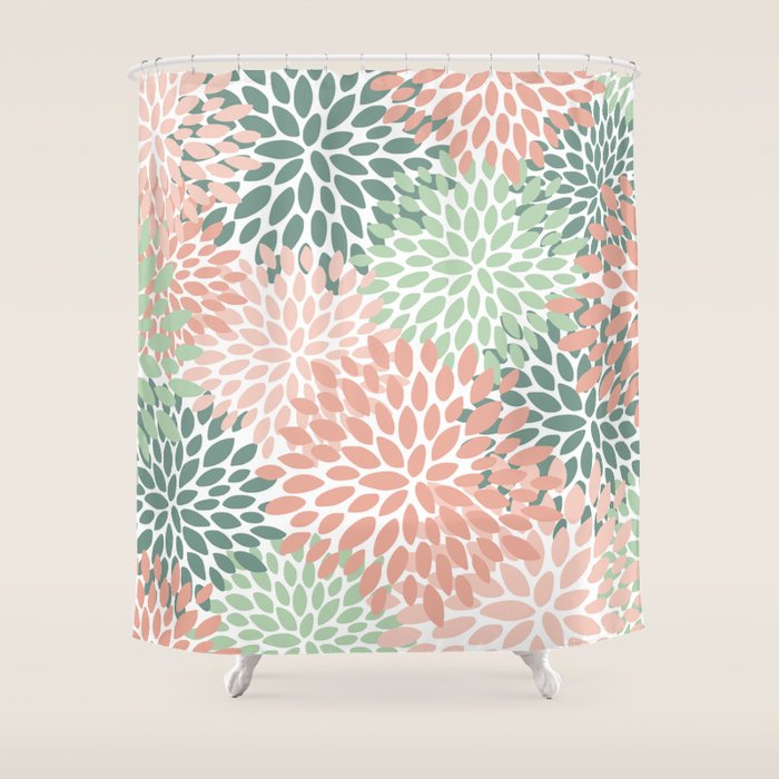 Festive, Abstract Floral Prints, Coral And Green Shower Curtain