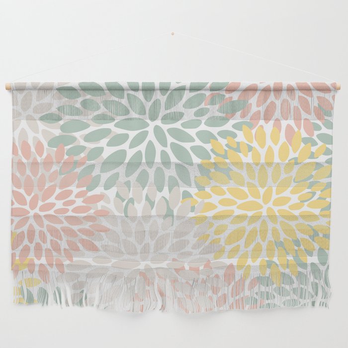 Festive, Abstract, Floral Prints, Coral, Green, Yellow Wall Hanging