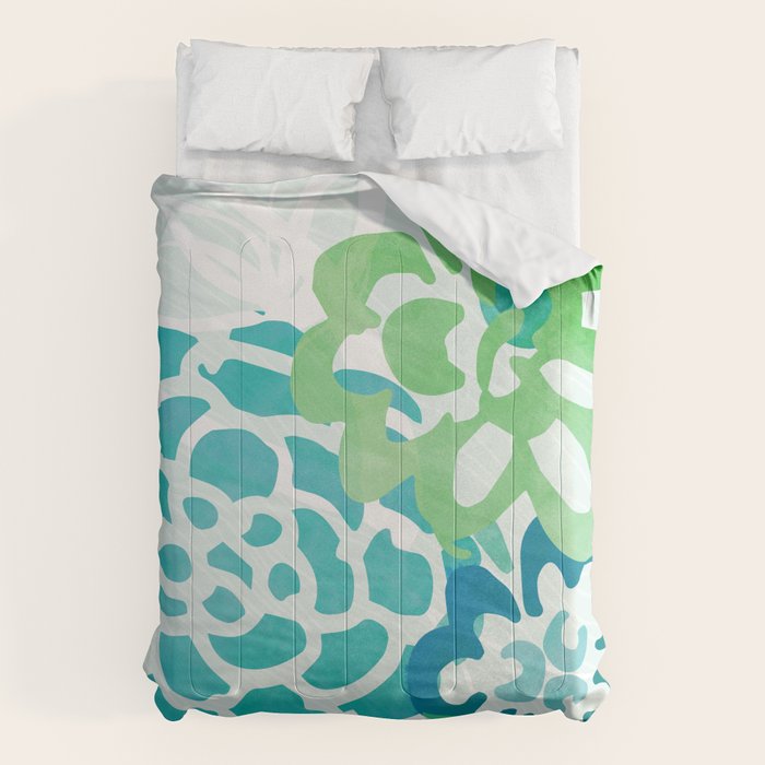Blue And Green Coastal Floral Watercolor Comforter