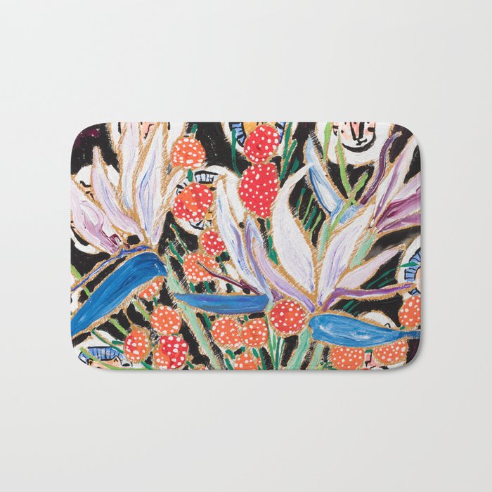Lions And Tigers Dark Floral Still Life Painting Bath Mat