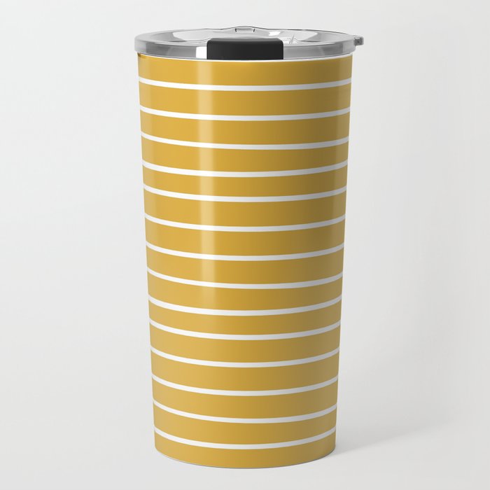 Colorful Stripes, Mustard Yellow And White, Abstract Art Travel Mug