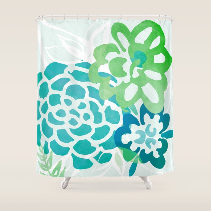 Blue And Green Coastal Floral Watercolor Shower Curtain