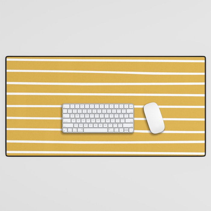 Colorful Stripes, Mustard Yellow And White, Abstract Art Desk Mat