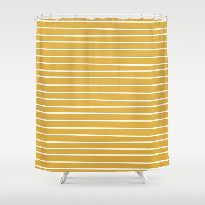 Colorful Stripes, Mustard Yellow And White, Abstract Art Shower Curtain