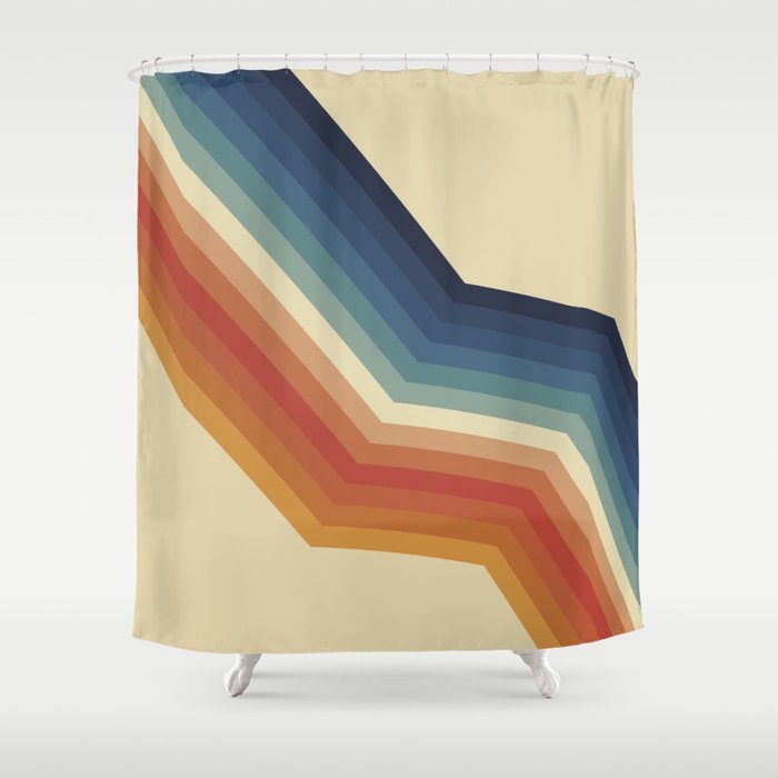 Funky Colorful 70s Rainbow Striped Zig Zag Pattern Blue Orange Hues Shower Curtain