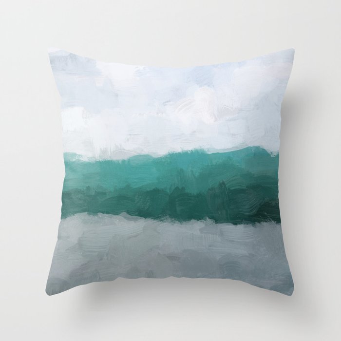 Surfs Up - Aqua Teal Turquoise Sky Blue White Gray Abstract Painting Art Water Ocean Waves Throw Pillow