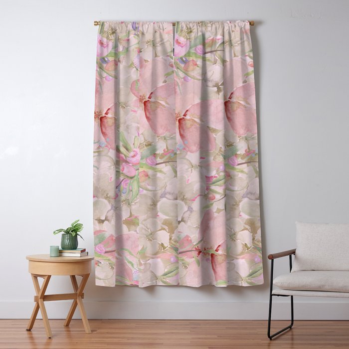 Modern Pastel Pink Watercolor Chic Floral Window Curtain