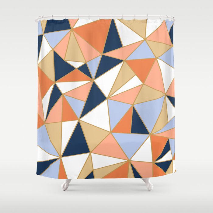 Festive, Geometric Art, Orange, Navy, Blue, Gold, Abstract Art Shower Curtain
