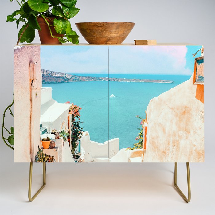 Surreal Greece, Tropical Travel Scenic Photography, Colorful Pastel Landscape Bohemian Architecture Credenza