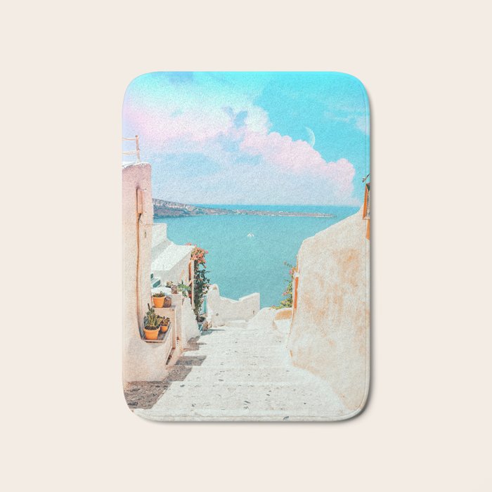 Surreal Greece, Tropical Travel Scenic Photography, Colorful Pastel Landscape Bohemian Architecture Bath Mat