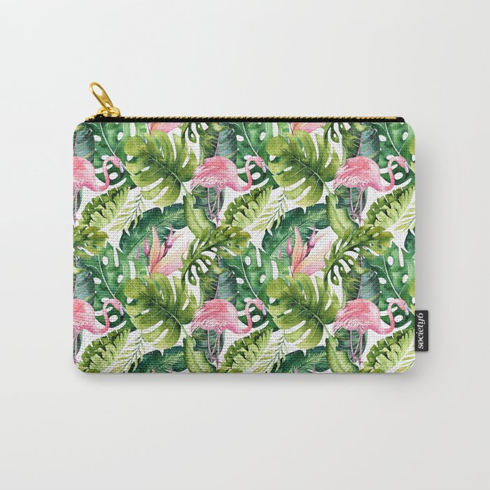 Flamingo Tropical, Colorful Tropical Jungle Monstera Painting, Watercolor Birds Banana Leaves Carry All Pouch