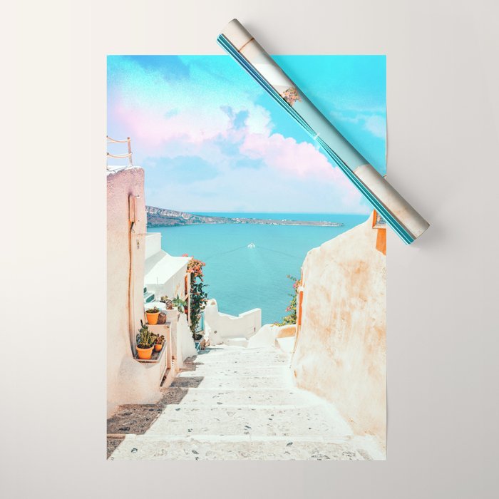 Surreal Greece, Tropical Travel Scenic Photography, Colorful Pastel Landscape Bohemian Architecture Wrapping Paper