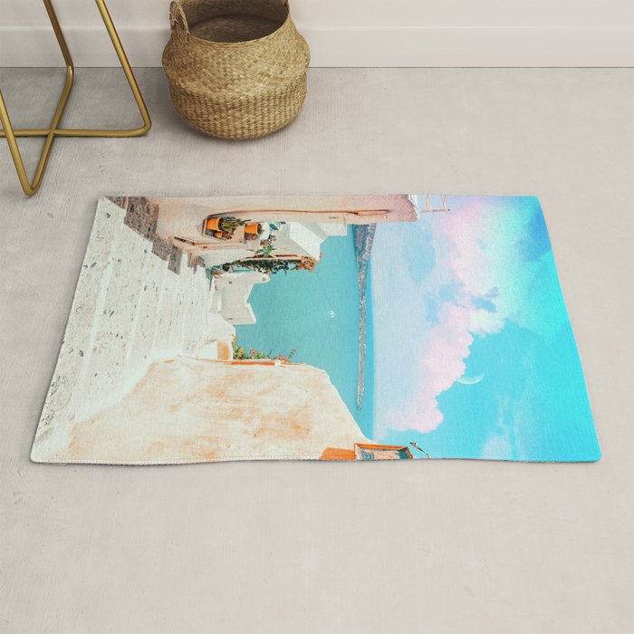 Surreal Greece, Tropical Travel Scenic Photography, Colorful Pastel Landscape Bohemian Architecture Rug