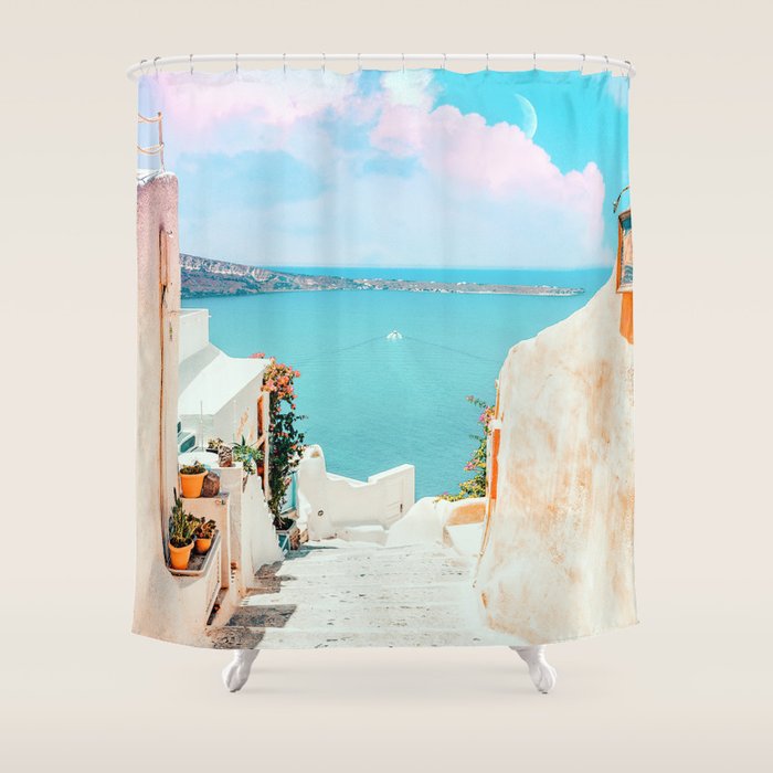 Surreal Greece, Tropical Travel Scenic Photography, Colorful Pastel Landscape Bohemian Architecture Shower Curtain