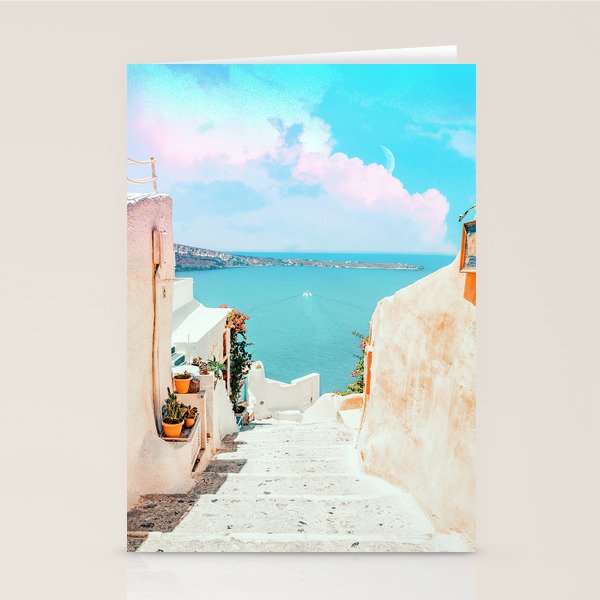 Surreal Greece, Tropical Travel Scenic Photography, Colorful Pastel Landscape Bohemian Architecture Stationery Card