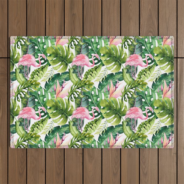 Flamingo Tropical, Colorful Tropical Jungle Monstera Painting, Watercolor Birds Banana Leaves Outdoor Rug