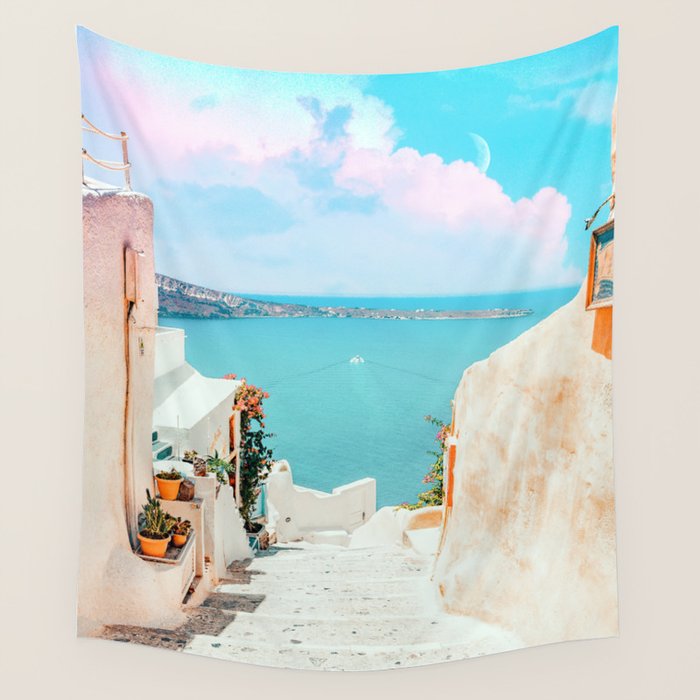 Surreal Greece, Tropical Travel Scenic Photography, Colorful Pastel Landscape Bohemian Architecture Wall Tapestry