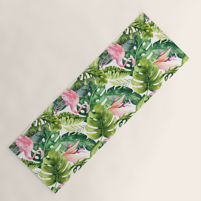 Flamingo Tropical, Colorful Tropical Jungle Monstera Painting, Watercolor Birds Banana Leaves Yoga Mat