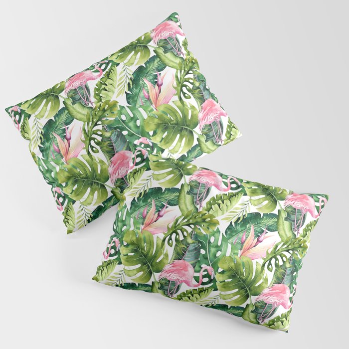 Flamingo Tropical, Colorful Tropical Jungle Monstera Painting, Watercolor Birds Banana Leaves Pillow Sham