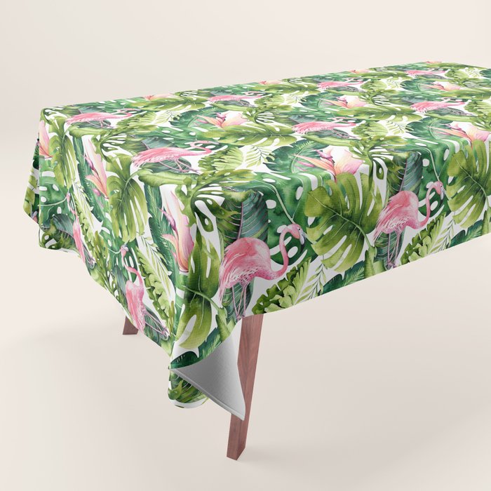 Flamingo Tropical, Colorful Tropical Jungle Monstera Painting, Watercolor Birds Banana Leaves Tablecloth